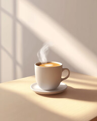 Taza de café animada blanca con diseño minimalista, haciendo un guiño simpático, sobre una encimera de cocina moderna