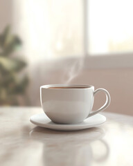 Taza de café animada blanca con diseño minimalista, haciendo un guiño simpático, sobre una encimera de cocina moderna
