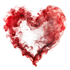 Swirling red smoke forming a heart shape with wispy tendrils isolated on a transparent background smoke art