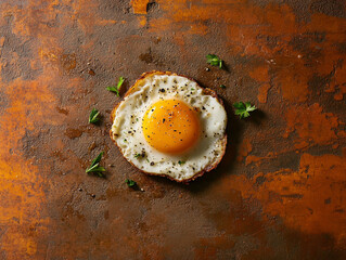 Top-down view of sunny-side-up fried egg on rough orange textured surface, warm tones, sharp focus on egg details, food styling for commercial use