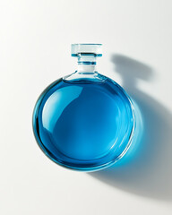 Transparent round bottom flask containing bright blue chemical solution, minimalistic composition on white background