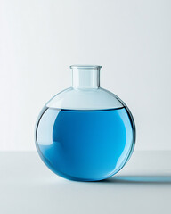 Transparent round bottom flask containing bright blue chemical solution, minimalistic composition on white background