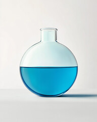 Transparent round bottom flask containing bright blue chemical solution, minimalistic composition on white background