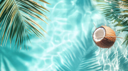 Tropical beach scene featuring a fresh coconut with straw, clear turquoise water and palm leaves, isolated bright background