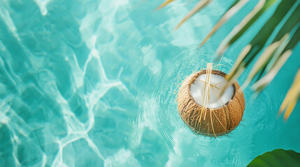 Tropical beach scene featuring a fresh coconut with straw, clear turquoise water and palm leaves, isolated bright background