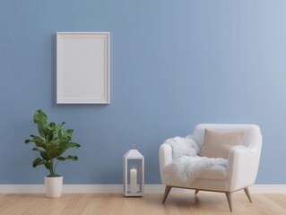 Cozy Living Room with White Chair, Lantern, and Indoor Plant Design