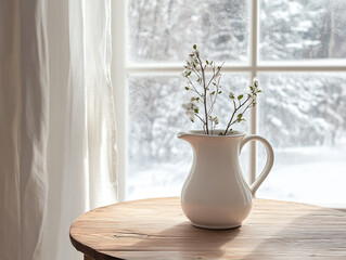 White ceramic pitcher placed on wooden table near window with frosted glass, soft natural winter light streaming in