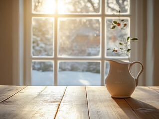 White ceramic pitcher placed on wooden table near window with frosted glass, soft natural winter light streaming in