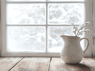 White ceramic pitcher placed on wooden table near window with frosted glass, soft natural winter light streaming in