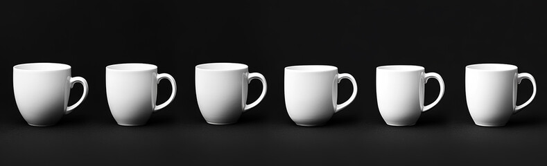 White mug mockup, on a black background, various angle shots of white mugs, all the same design and size, studio lighting