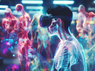 Young medical student using VR headset for immersive medical training, holographic anatomy visuals floating around