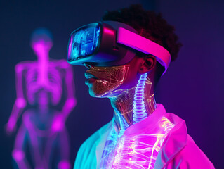 Young medical student using VR headset for immersive medical training, holographic anatomy visuals floating around