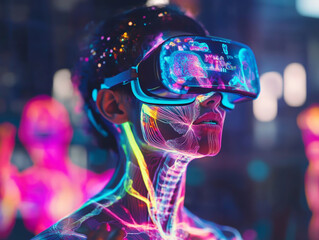 Young medical student using VR headset for immersive medical training, holographic anatomy visuals floating around