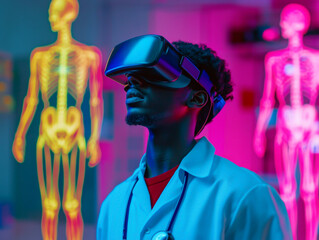 Young medical student using VR headset for immersive medical training, holographic anatomy visuals floating around