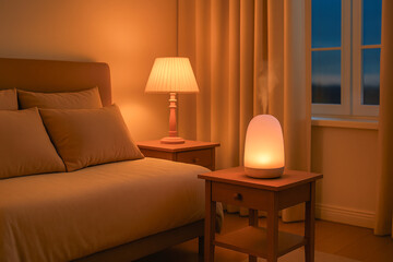 Warmly lit bedroom featuring a bedside aromatherapy diffuser emitting mist, promoting relaxation, sleep, and a peaceful nighttime atmosphere.