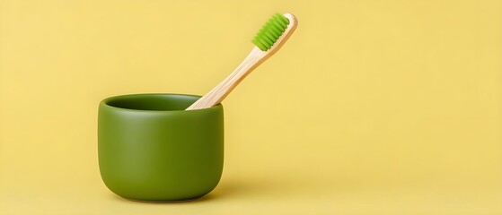 Eco-friendly toothbrush and holder on a yellow background