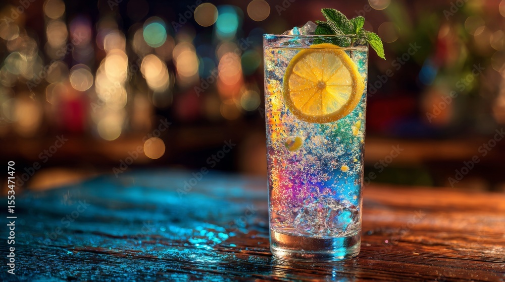 Poster a tall glass of sparkling soda with colorful bubbles, garnished with a slice of lemon and a mint spr