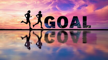 Silhouette Runners Pursuing Goal Reflection