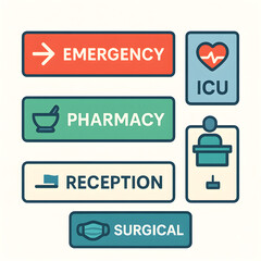 Doctors’ Day 2025 Hospital Signage Icon Set Illustration with Emergency, Pharmacy, ICU, and Reception Symbols