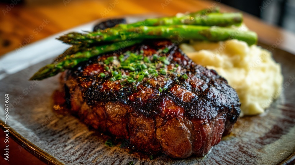 Poster a thick, juicy steak with a caramelized crust, served with grilled asparagus and a side of mashed po