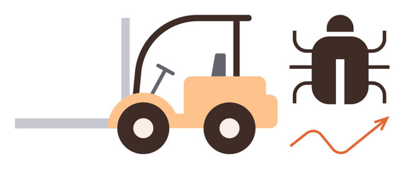 Forklift beside bug with upward arrow curve symbolizing debugging, logistics, improvement, problem-solving, risk analysis. Ideal for technology, warehouse solutions, growth, improvement challenges