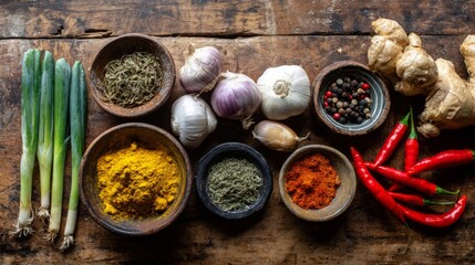 A top-down shot of fresh ingredients for curry paste, such as garlic, shallots, chilies, and turmeric, neatly arranged on a wooden surface