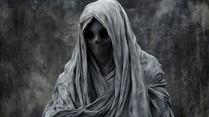 A grayscale image of a hooded figure resembling a statue or sculpture, with a gaunt, skeletal face.