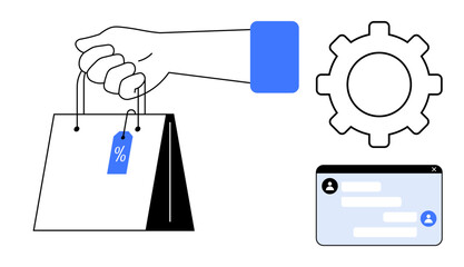 Hand holds shopping bag with discount tag, gear icon represents settings or tools, chat window signifies customer interactions. Ideal for online shopping, promotion, customer support, automation