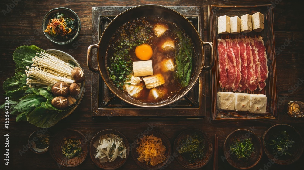 Aufkleber a top-down view of a bubbling sukiyaki pot on a portable burner, surrounded by fresh ingredients rea