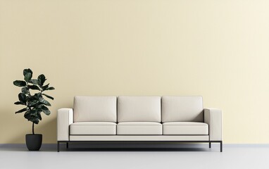 Modern Beige Sofa Against Soft Yellow Wall in Minimalist Setting