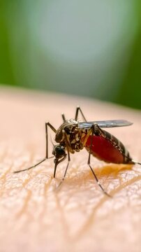 Close-up of mosquito drawing blood from human skin, disease vector biting, insect feeding, tropical disease transmission, medical