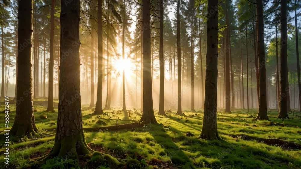 Poster sunlight streams through a dense forest with tall trees and lush green ground cover, creating a tran