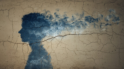 human silhouette composed of smoke trails, fading into a cracked wall