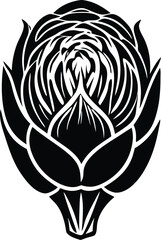 Abstract black and white stylized flower design with intricate petal layers and a central bud formation