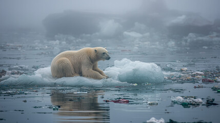 polar bear on melting ice and trash, global warming 