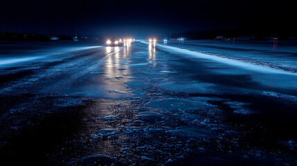 flooded highway illuminated by headlights frozen surface of the road