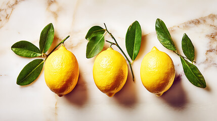 Fresh yellow lemons with green leaves arranged on white marble surface in natural morning sunlight, bright and vibrant citrus still life composition with shallow depth of field.
