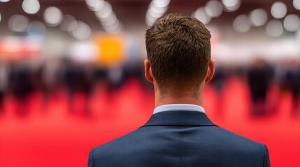 Fototapeta premium A man in a suit faces a blurred crowd and bright lights, suggesting a formal event or conference atmosphere.