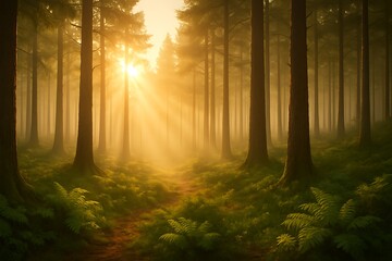 Sunlight Through Morning Mist in Pine Forest