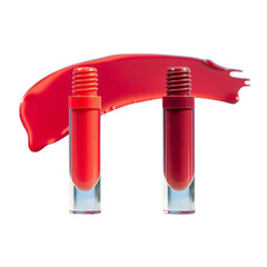 Two tubes of red lip gloss are shown with a splash of the product nearby on a white background.