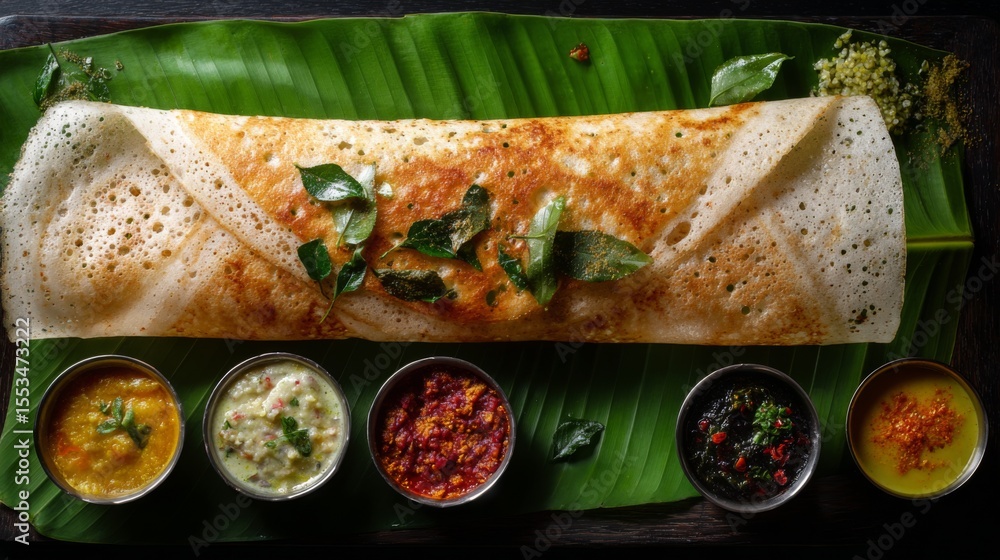 Poster a top-down view of a large dosa served on a banana leaf, accompanied by small bowls of colorful chut