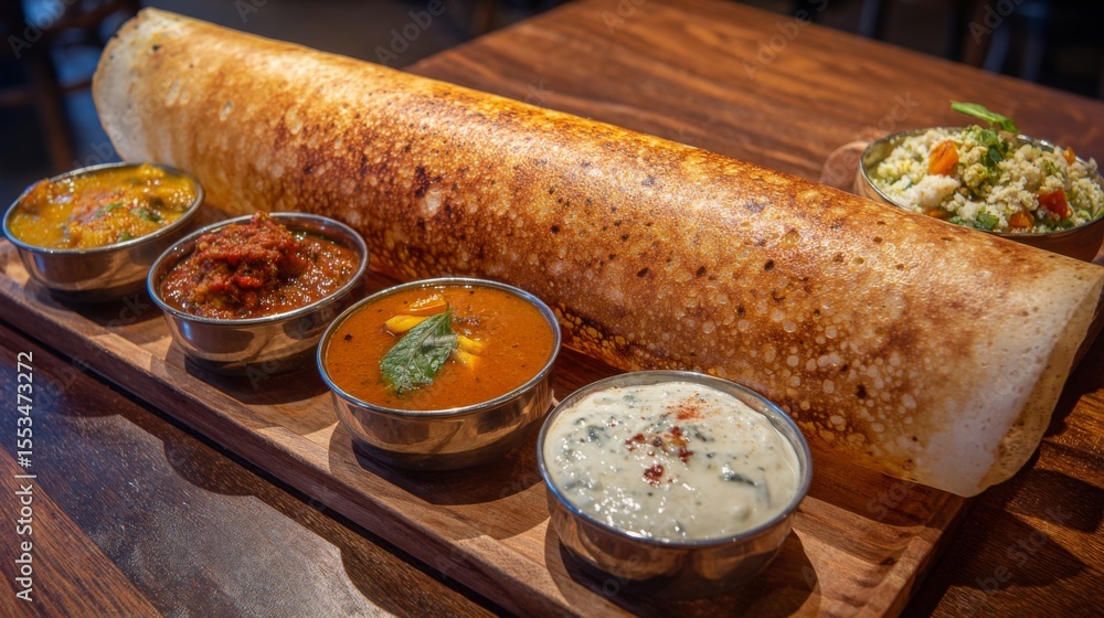 Poster A top-down view of a large dosa served with a variety of chutneys and a bowl of steaming sambar, emphasizing the delightful array of colors and flavors.