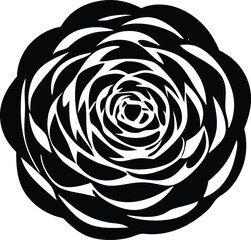Abstract black and white stylized rose petal swirls creating a detailed concentric floral pattern with a central opening