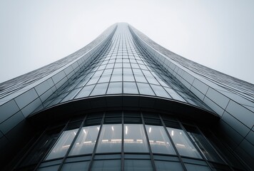 Minimalist geometric skyscraper with curved glass facade, towering presence captured in low-angle shot under soft overcast sky