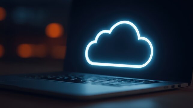 A glowing neon cloud icon is displayed on a laptop screen in a dark setting, symbolizing cloud computing or digital data storage.