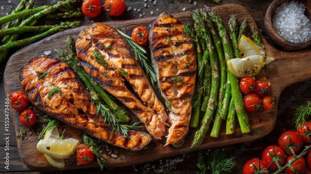 Poster a top-down view of a rustic wooden table with grilled salmon steaks, accompanied by asparagus and ch