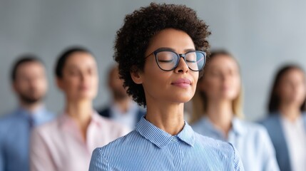A diverse group of professionals meditating with closed eyes, focusing on mindfulness and calmness in a serene office environment.