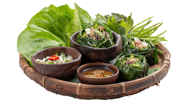 A vibrant platter featuring fresh herb wraps and accompanying dips. transparent background
