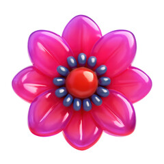 3D Translucent Icon Style Magenta Flower with Red Center and Blue Details on Transparent Background