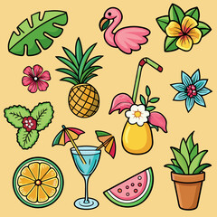 Tropical summer vacation elements pineapple flamingo flowers cocktail and fruit